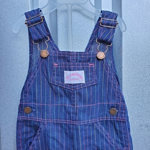 Vtg All American Overall Dark Denim rainbow pastel pinstripes 18m - Picture 4 of 8